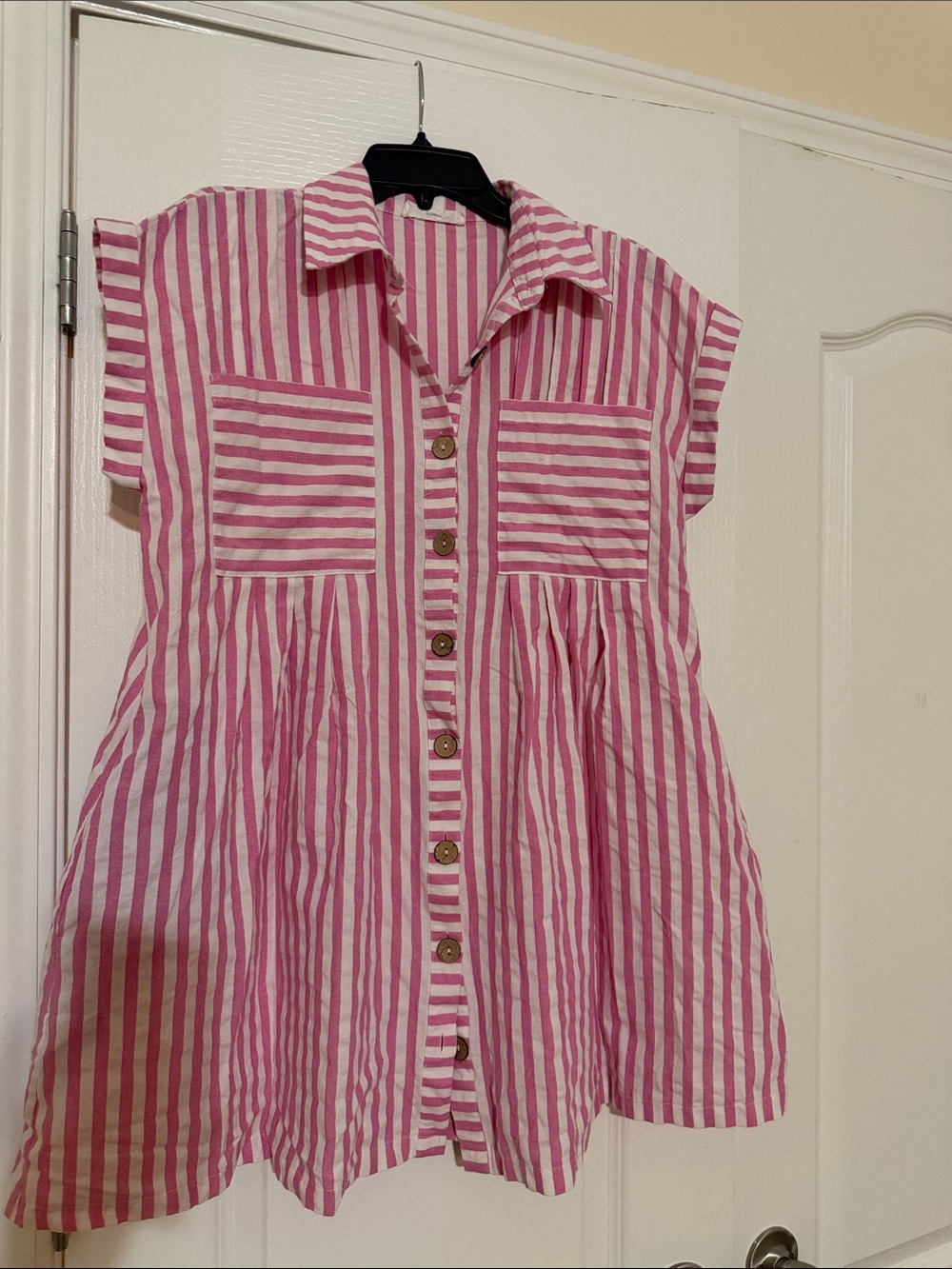Women’s Pink & White Striped Button-Front Shirt Dress